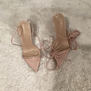Strappy Pointed-Toe Lace-Up Heels in Blush Pink